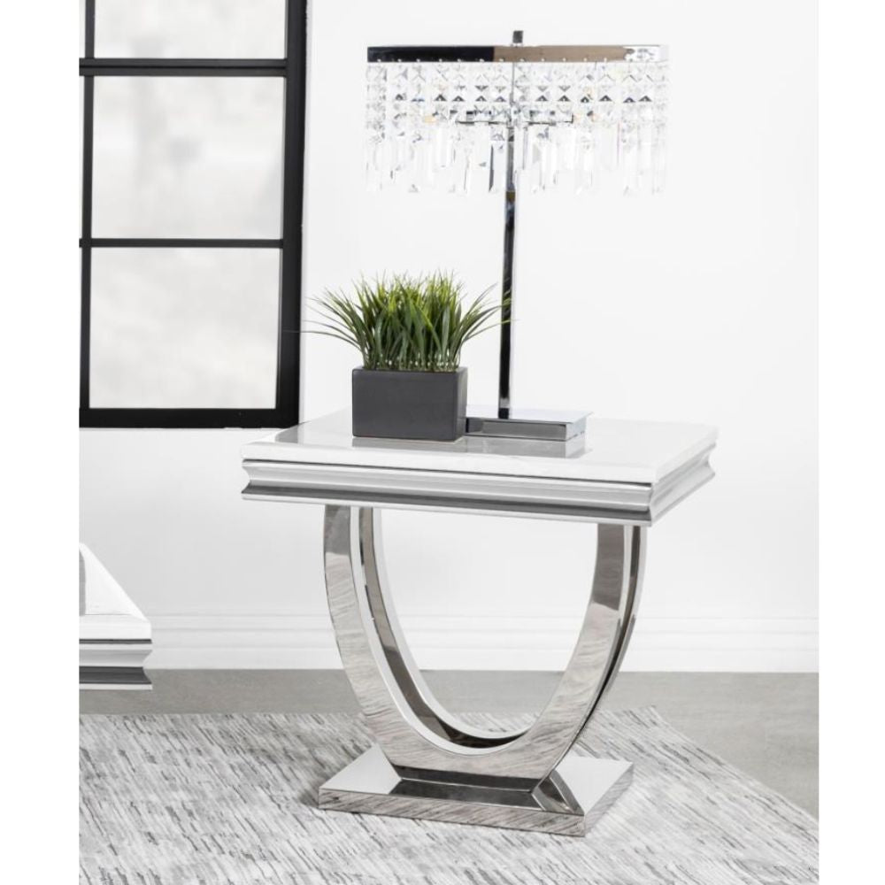 KERWIN Square Stone Top End Table White and Chrome