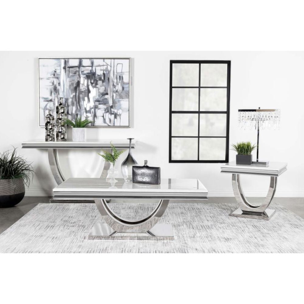 KERWIN Square Stone Top End Table White and Chrome