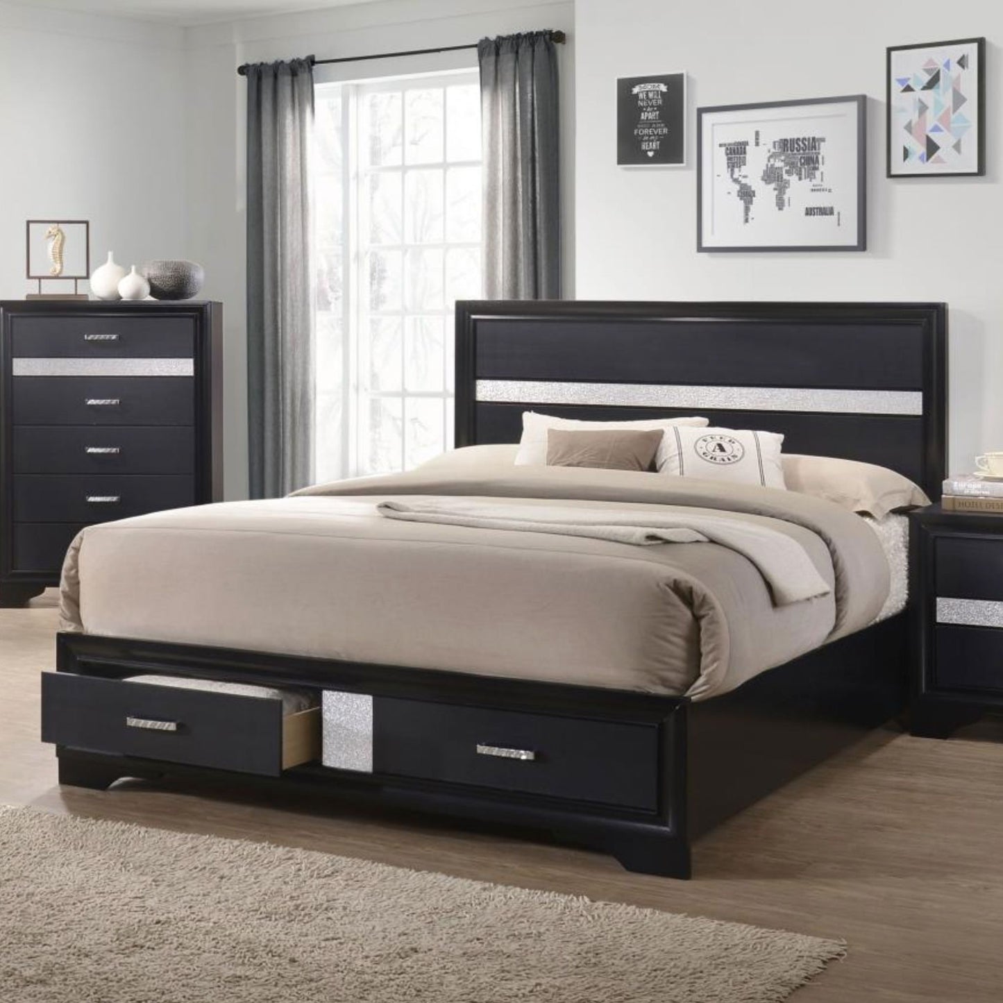 MIRANDA Eastern King 2-drawer Storage Bed Black