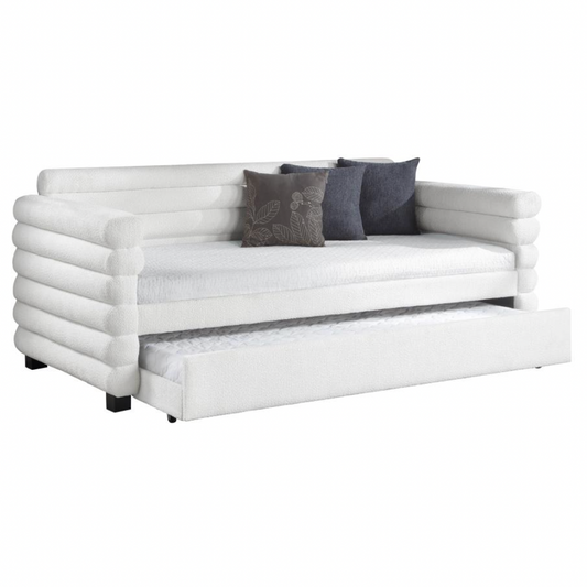 PATRICIA Boucle Upholstered Twin Day Bed with Trundle White