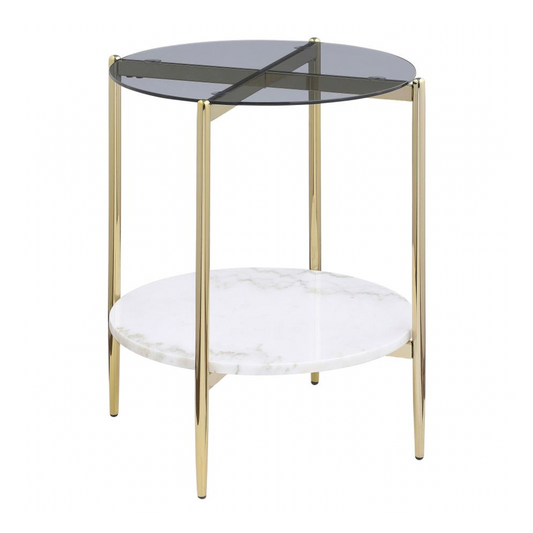 JONELLE Glass Top End Table with Marble Shelf