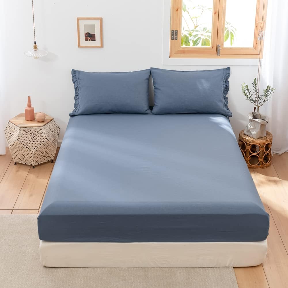 EVRON 1pc Linen Fitted Bed Sheet Classic Blue