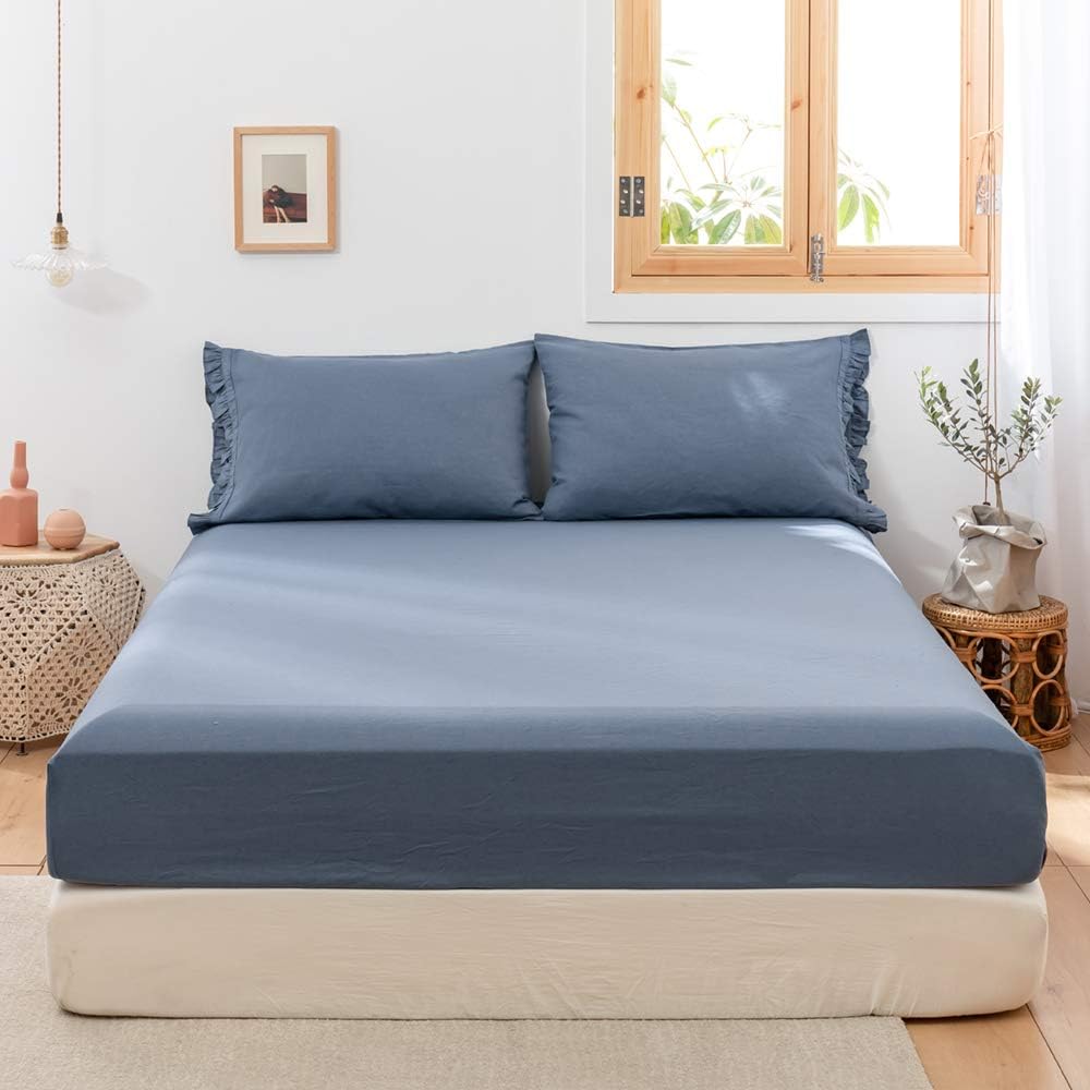 EVRON 1pc Linen Fitted Bed Sheet Classic Blue