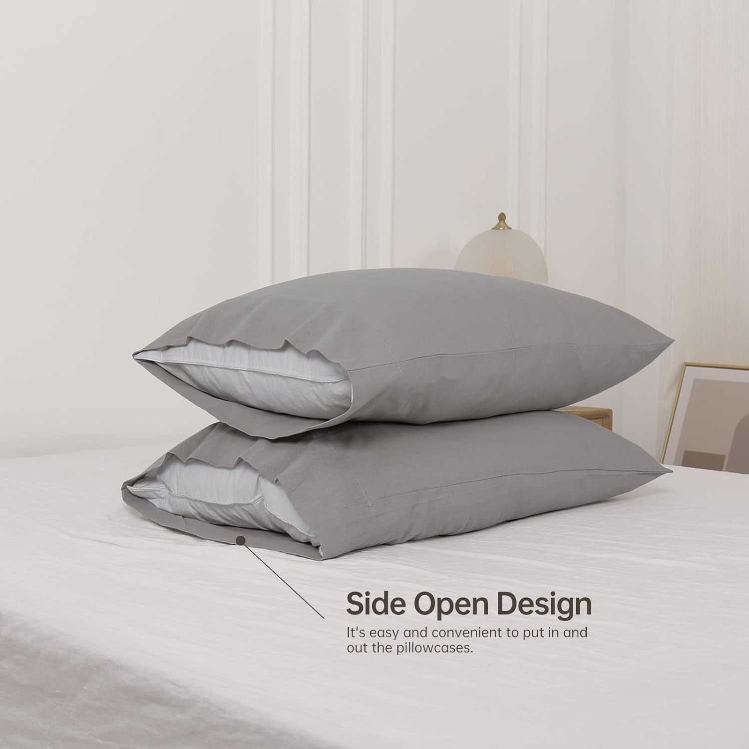 EVRON 2pcs Linen Pillow Cases Grey