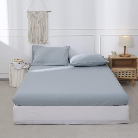 EVRON 1pc Linen Fitted Bed Sheet Dusty Blue