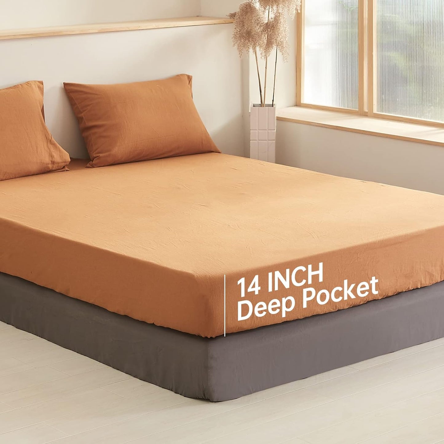 EVRON 1pc Linen Fitted Bed Sheet Rust