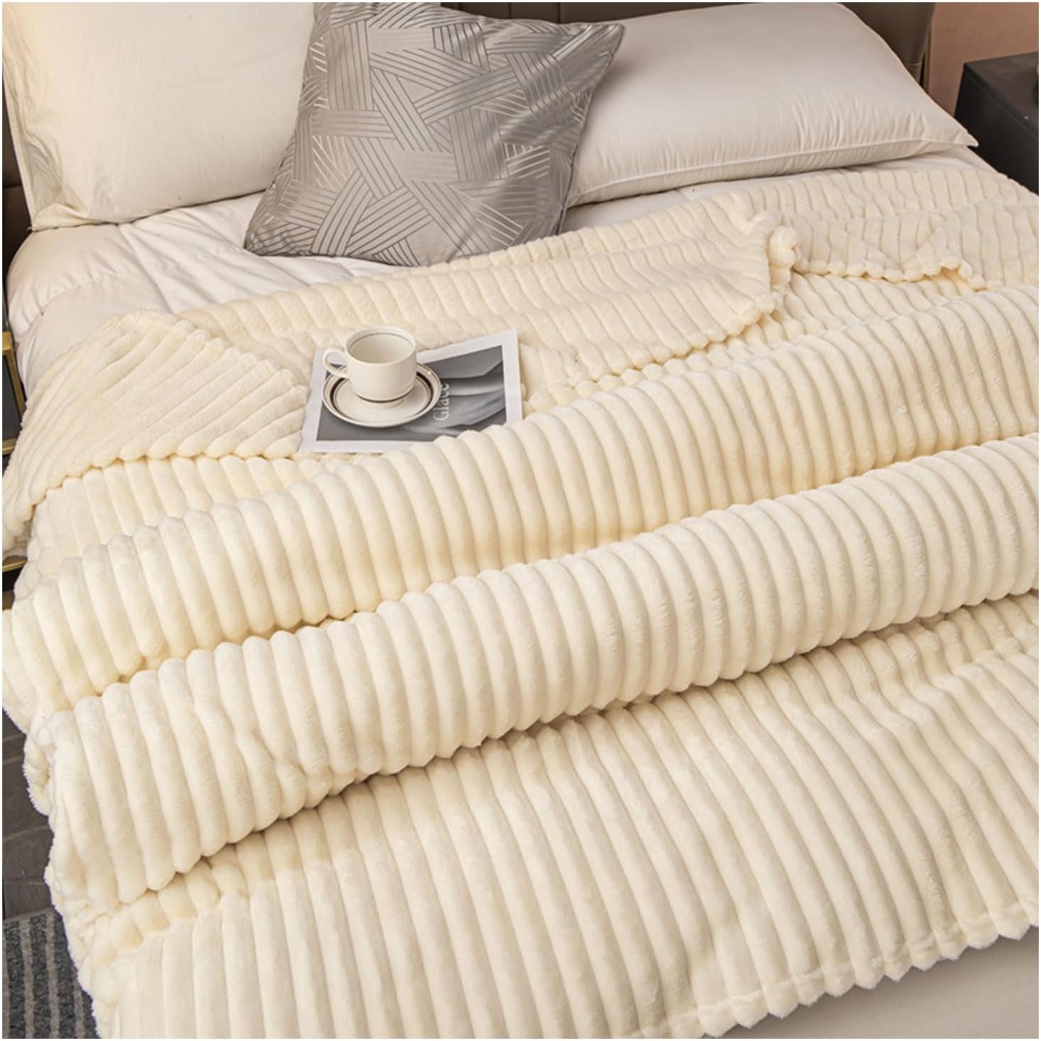 CORBIN Soft Warm Striped Flannel Blanket Beige