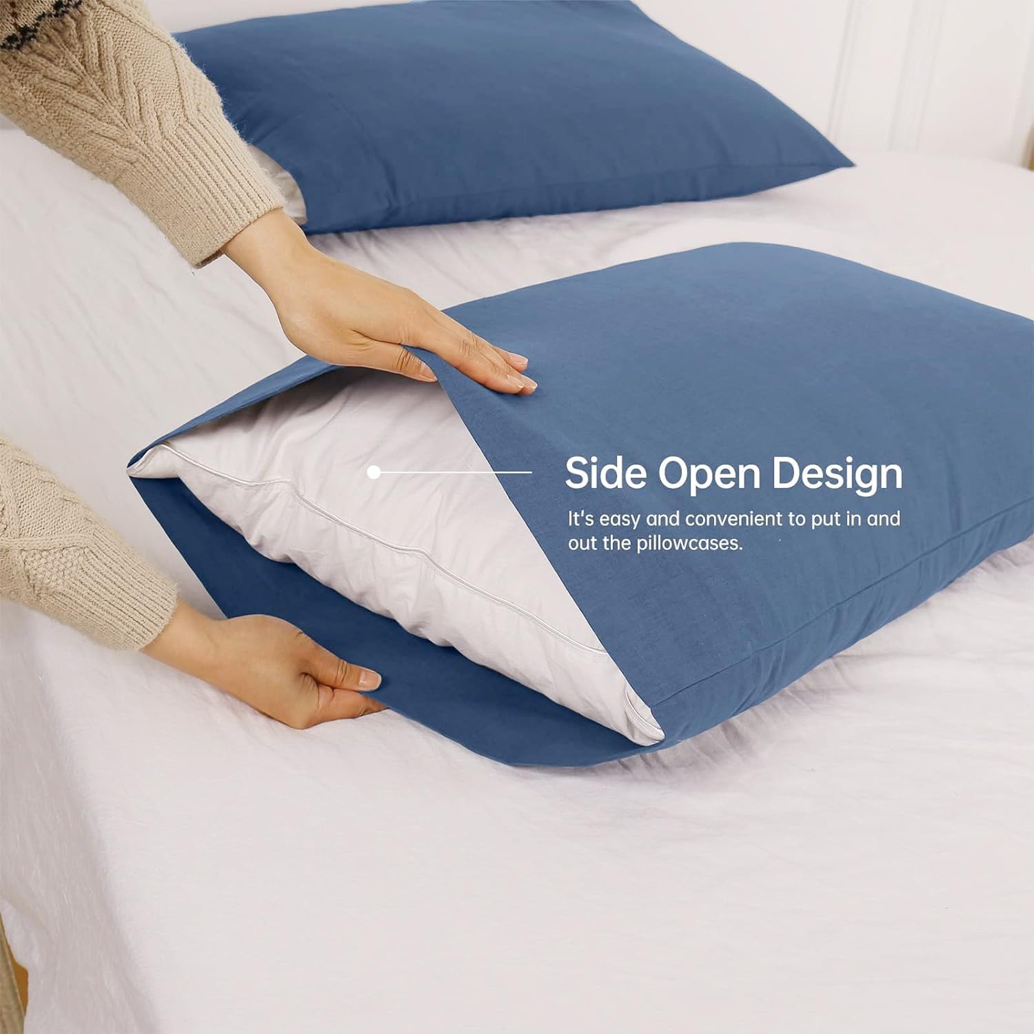 EVRON 2pcs Linen Pillow Cases Navy Blue