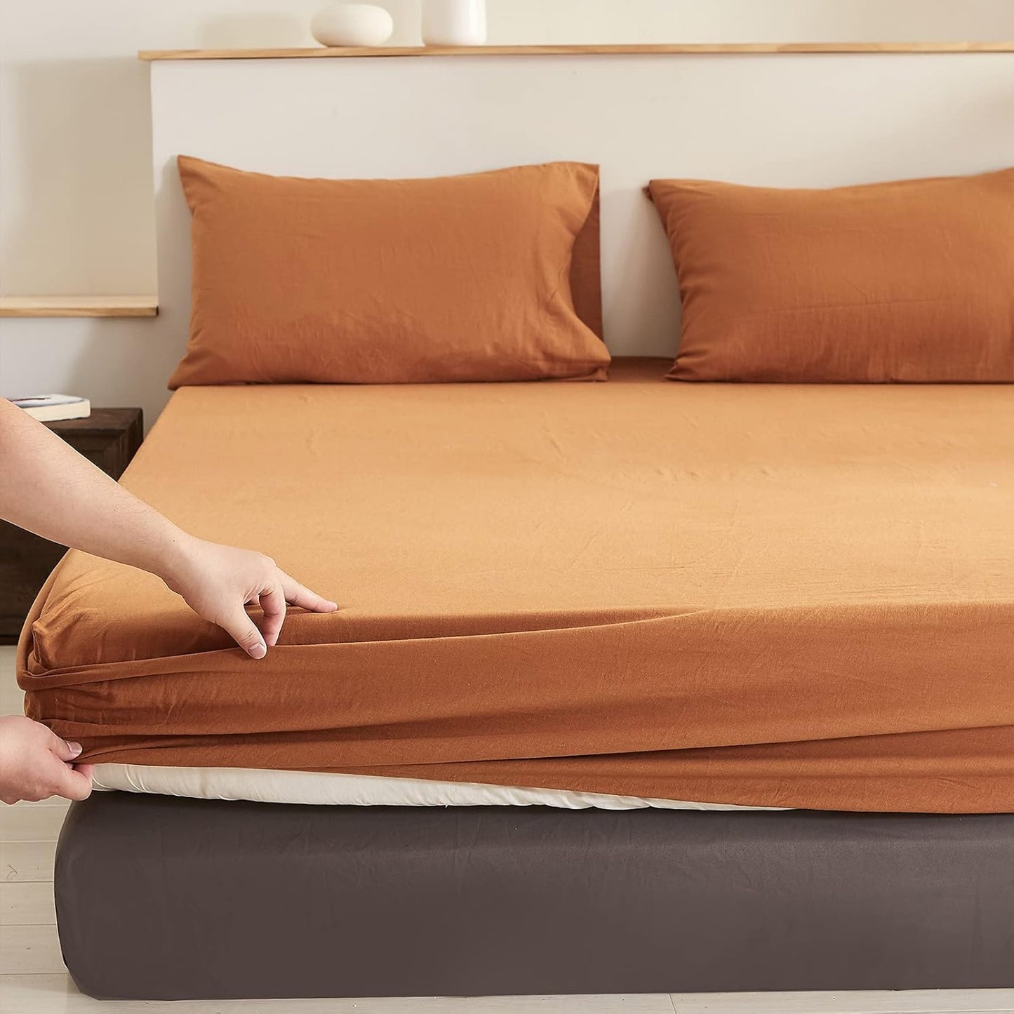 EVRON 1pc Linen Fitted Bed Sheet Rust