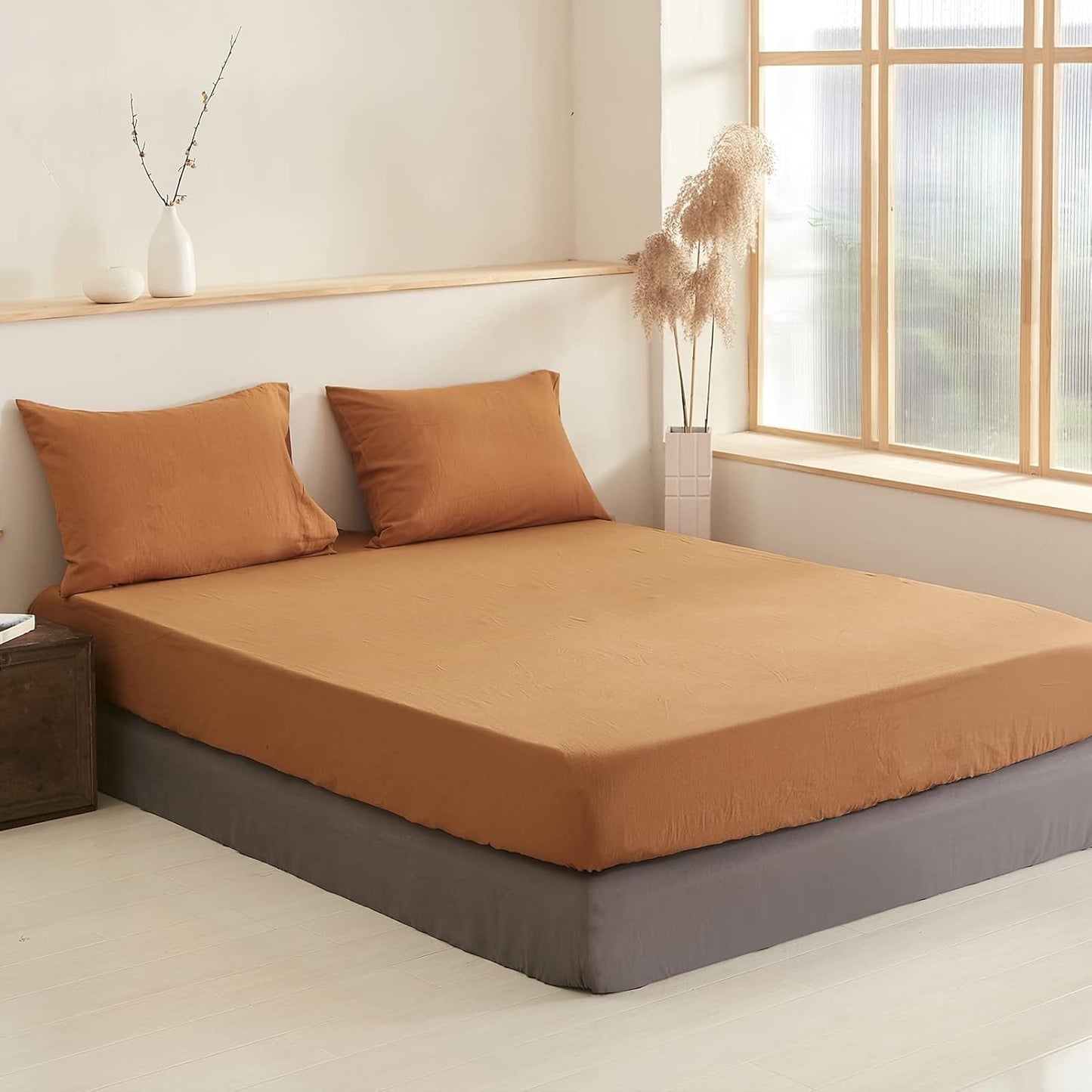 EVRON 1pc Linen Fitted Bed Sheet Rust