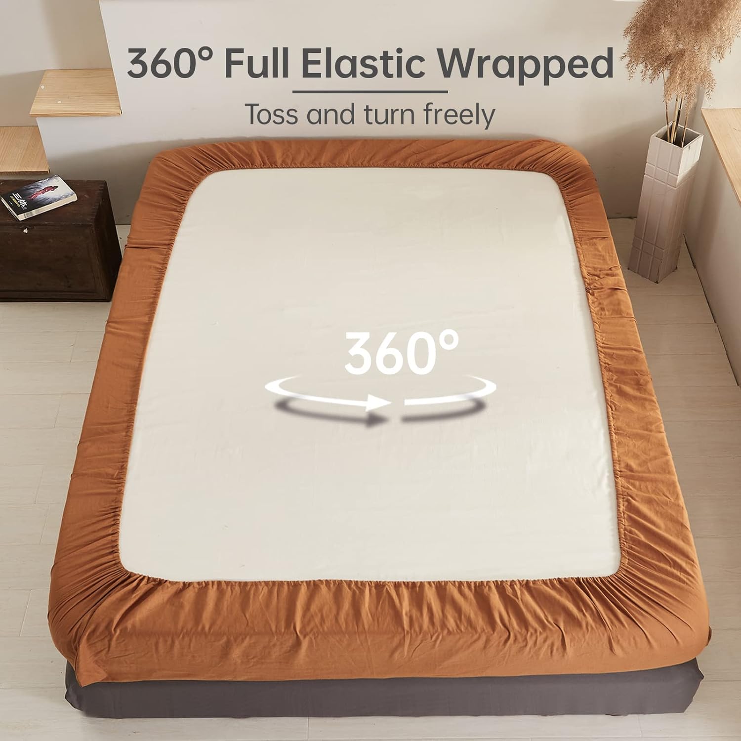 EVRON 1pc Linen Fitted Bed Sheet Rust