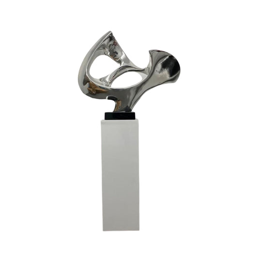 SHIVA Chrome Abstract Mask Floor Sculpture With White Stand