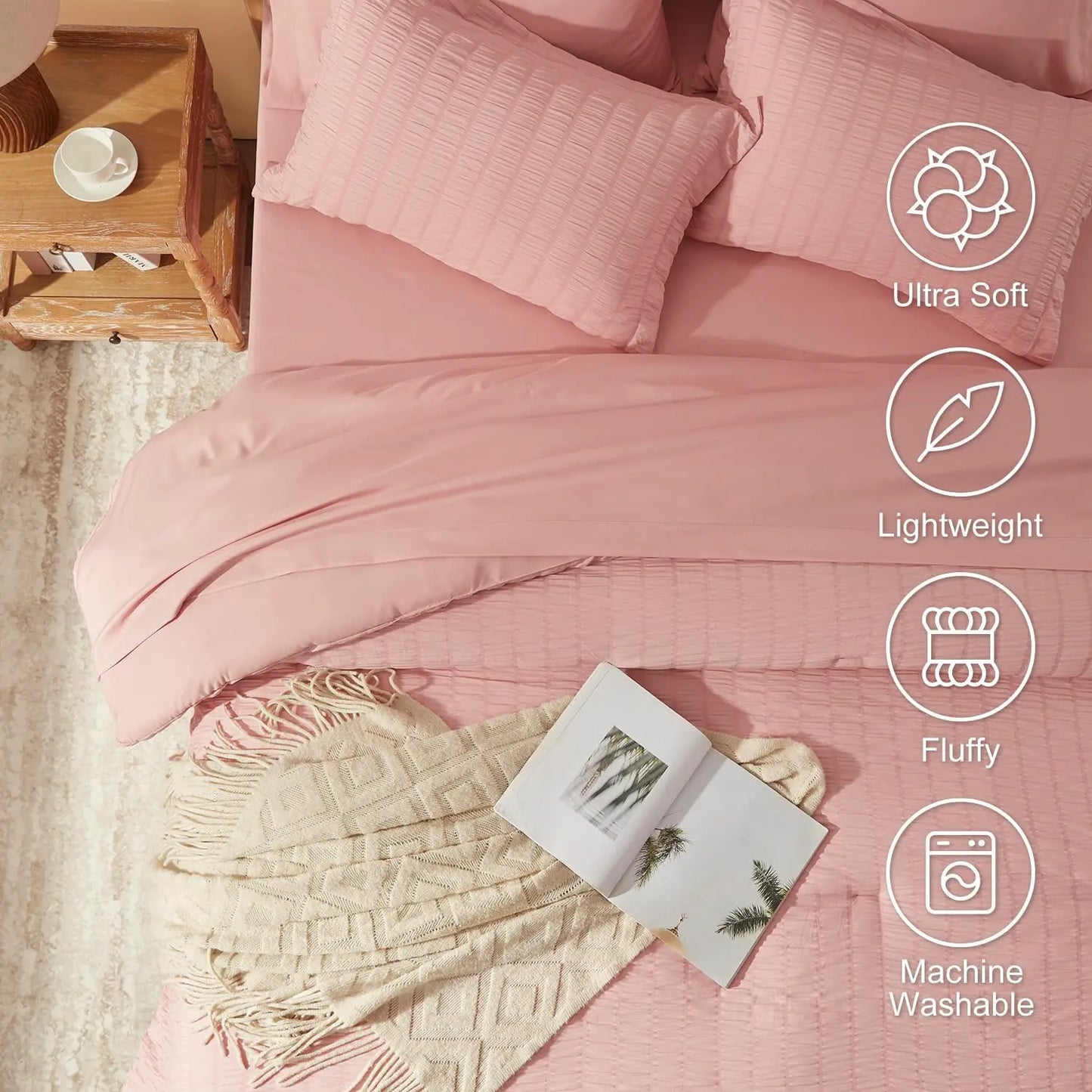 AIKO Seersucker Comforter Bedding Set Pink