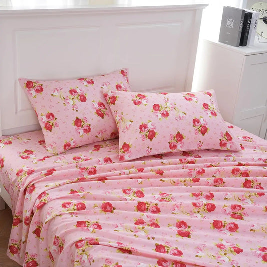 JORRA Microfiber Floral Bed Sheet (Set of 4) Pink Rose