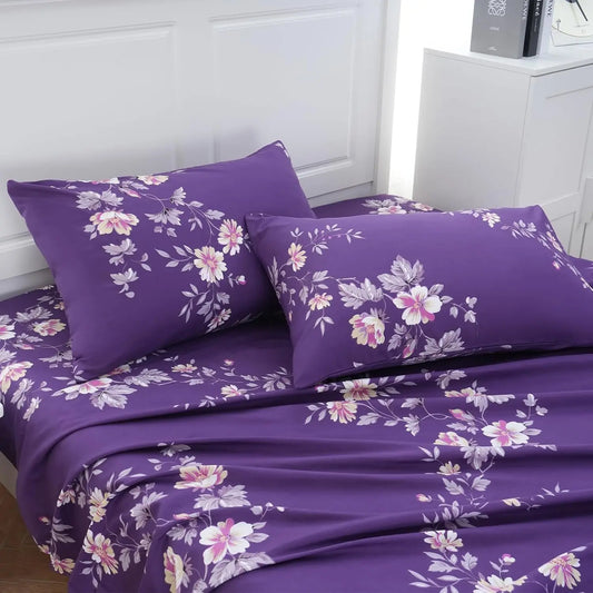 JORRA Microfiber Floral Bed Sheet (Set of 4) Purple Flower