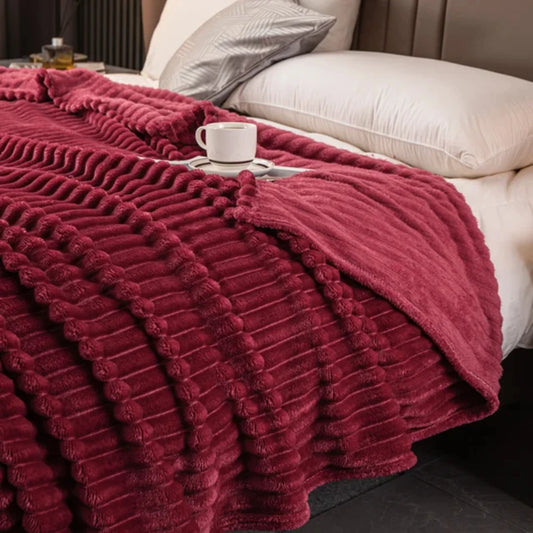 CORBIN Soft Warm Striped Flannel Blanket Burgundy