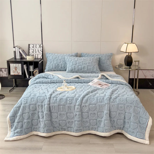 HARLOW Knitted Heart Pattern Warm Blanket Light Blue