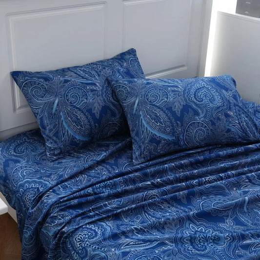 JORRA Microfiber Floral Bed Sheet (Set of 4) Paisley Blue