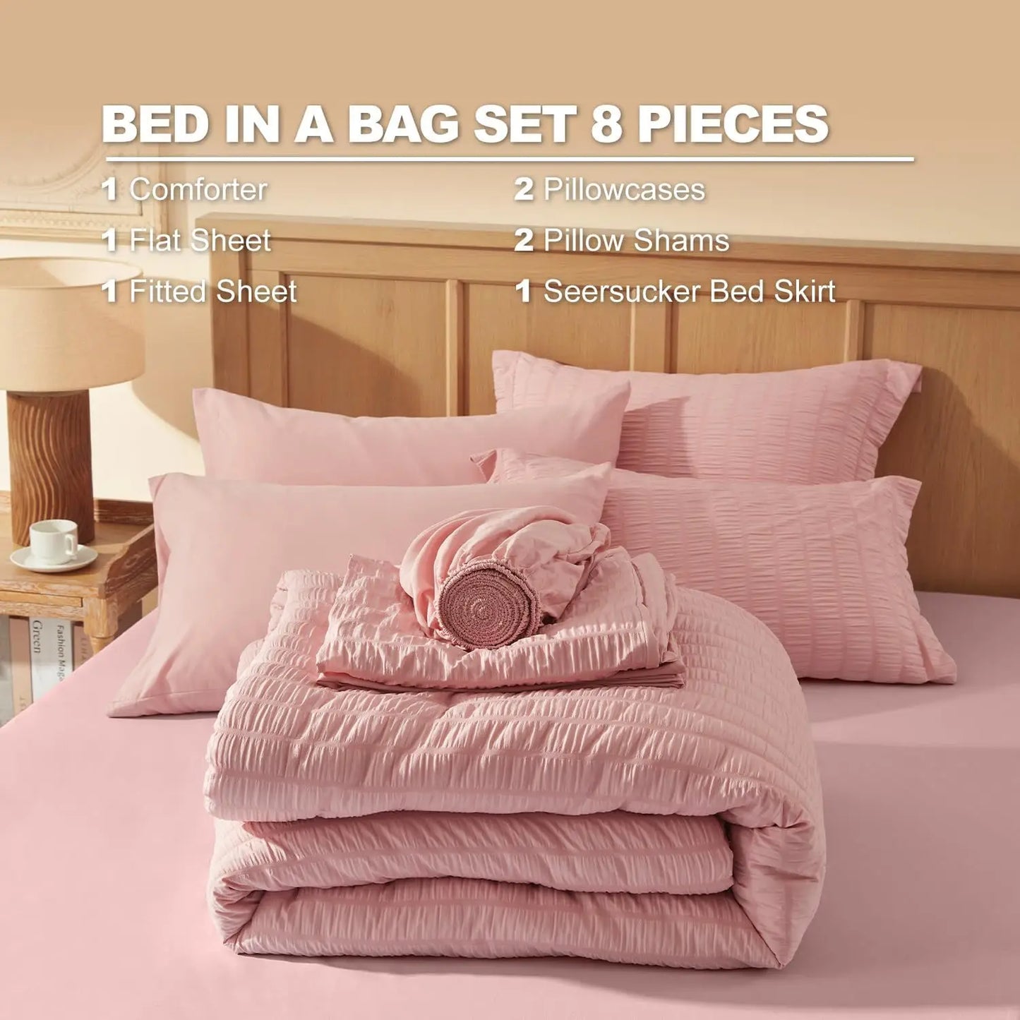 AIKO Seersucker Comforter Bedding Set Pink