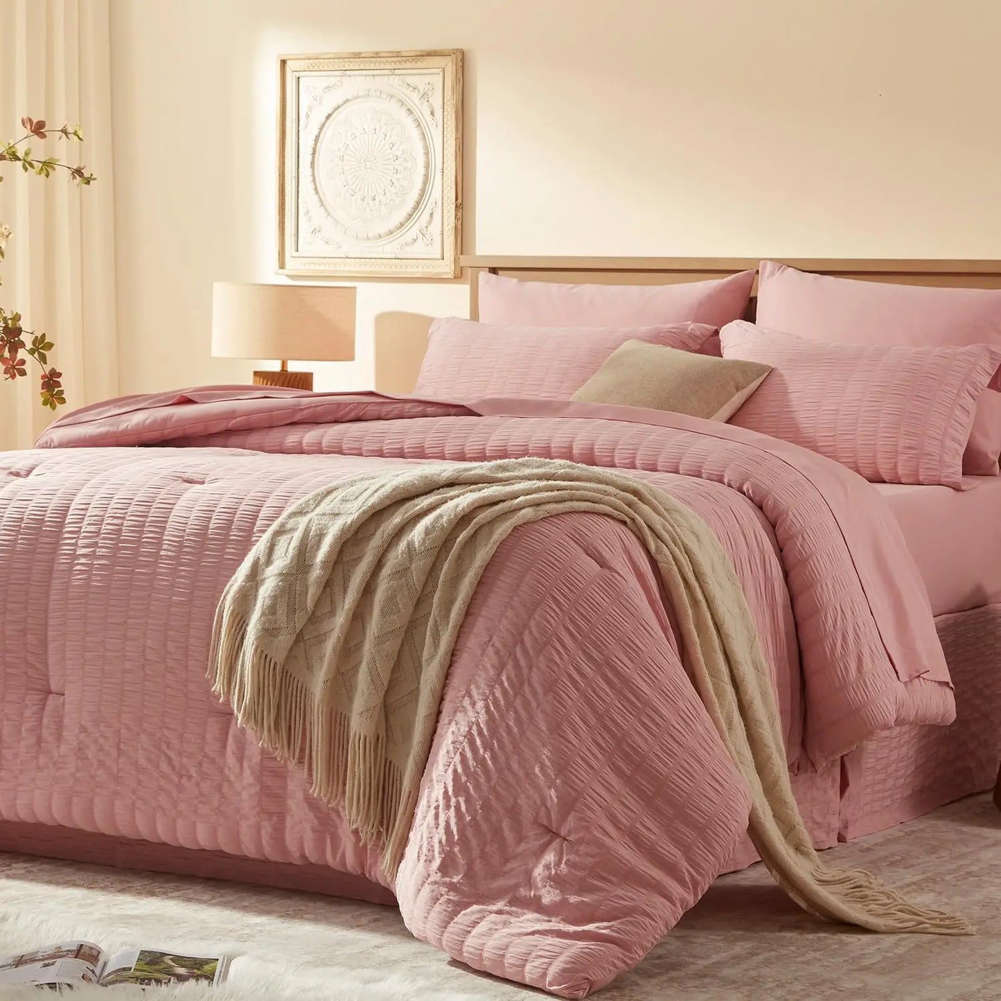 AIKO Seersucker Comforter Bedding Set Pink