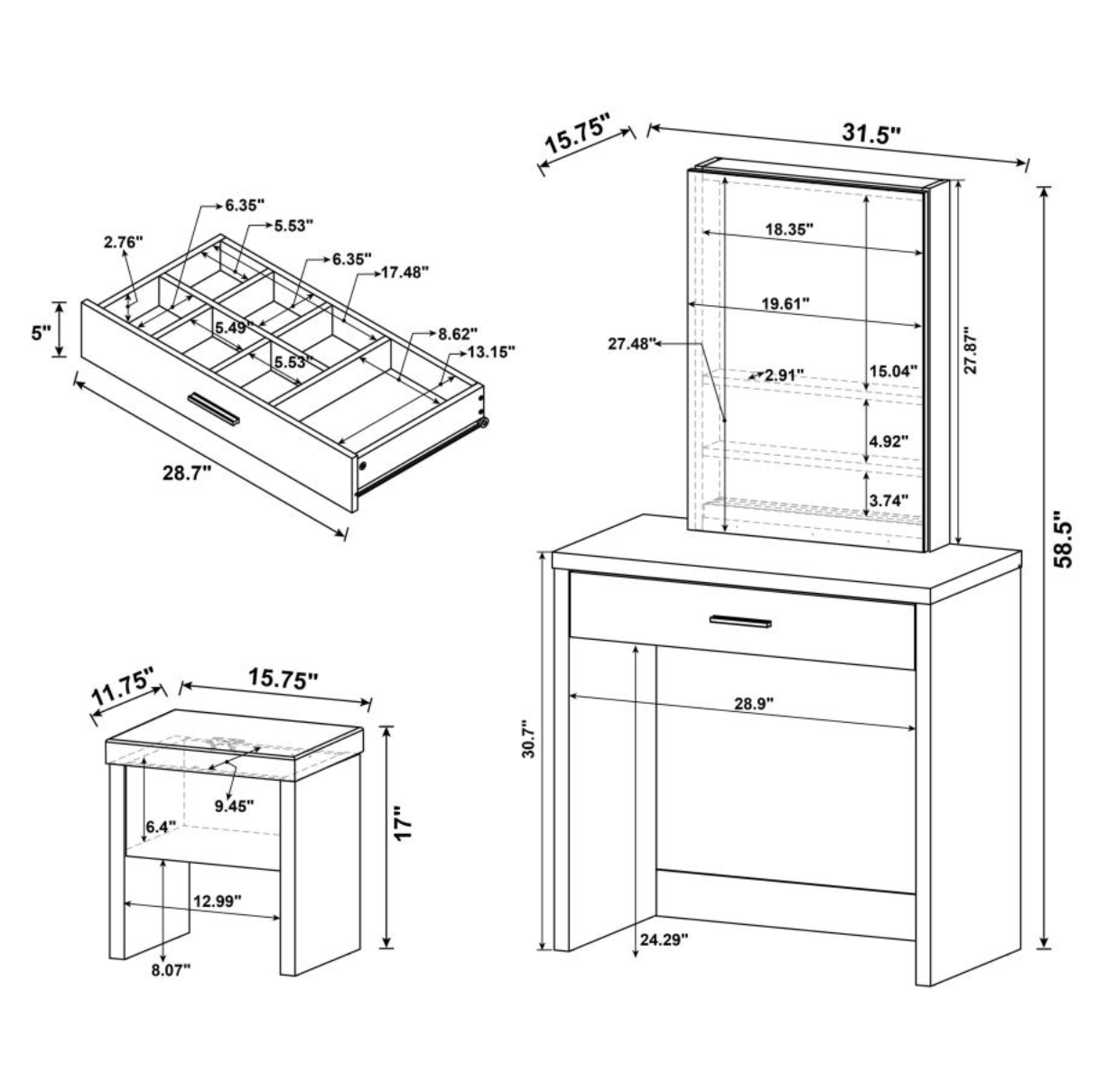 HARVEY 2-piece Vanity Set with Lift-Top Stool