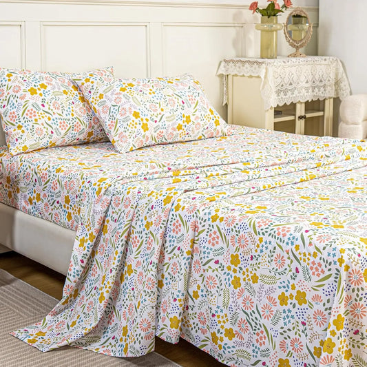 JORRA Microfiber Floral Bed Sheet (Set of 4) Yellow