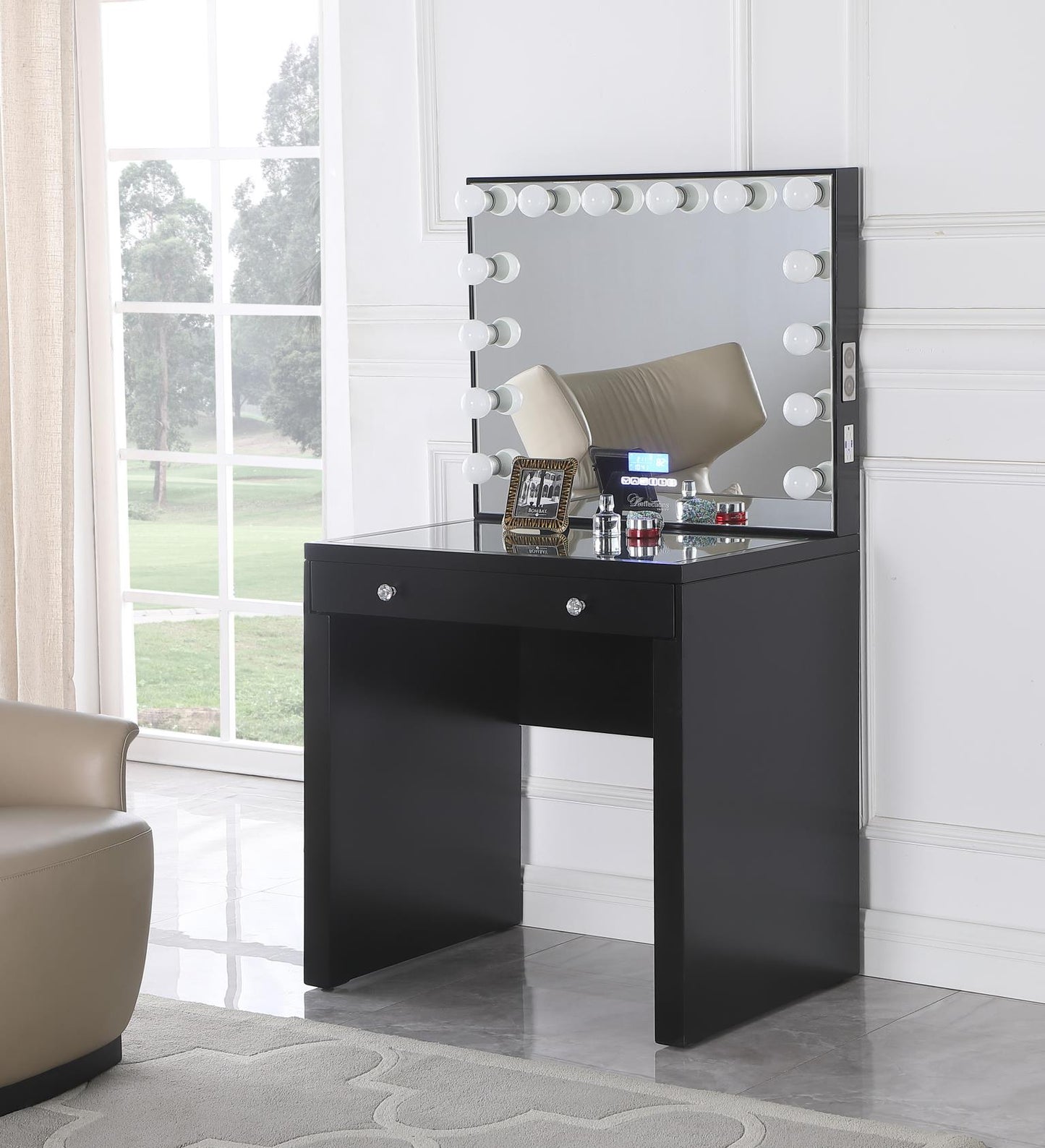 ANTON Vanity Desk with Bluetooth Hollywood Mirror Black