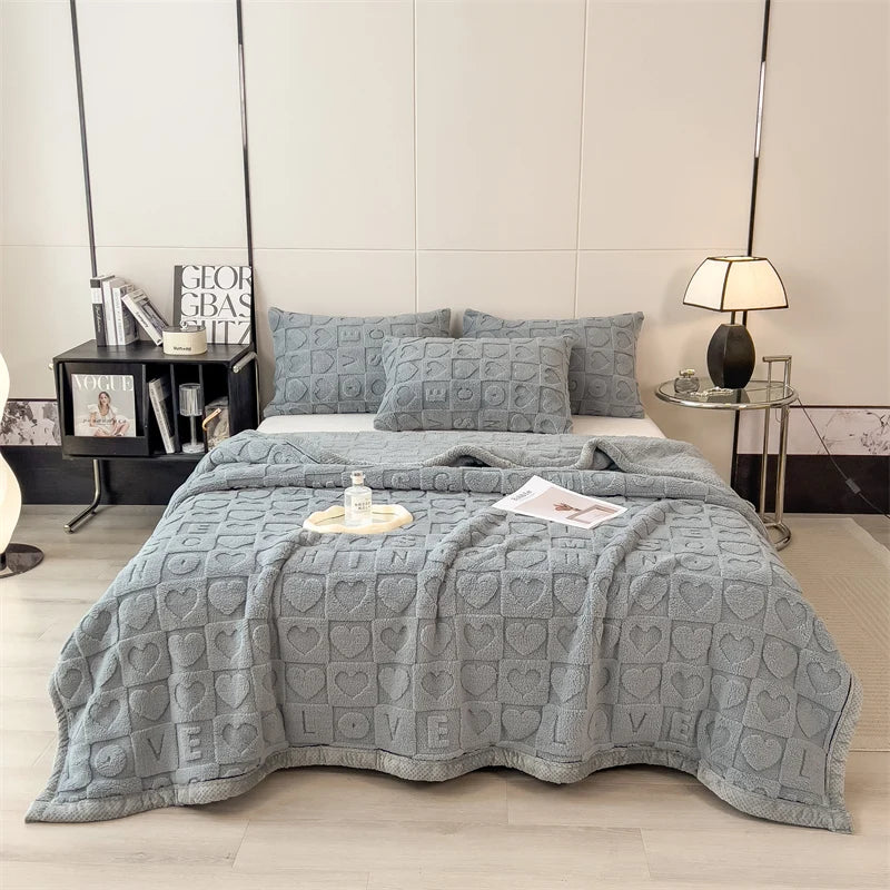 HARLOW Knitted Heart Pattern Warm Blanket Grey