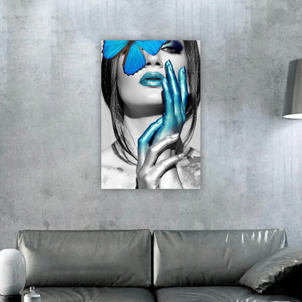 ROGER Blue Butterfly on Woman Glass Wall Art